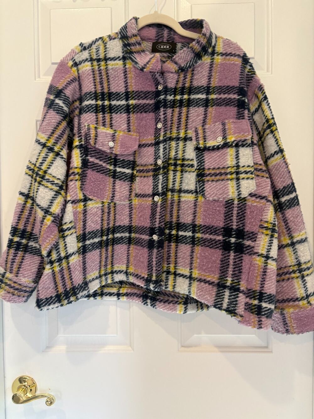 CIDER Purple Plaid Oversized Shacket Jacket Women's L Embellished Buttons